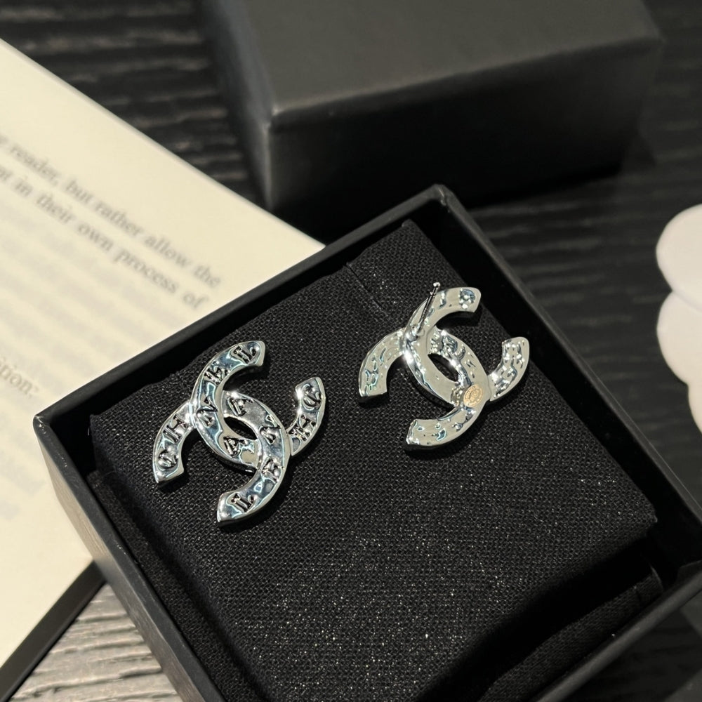 Chanel Cc Classic Logo Earrings Silver