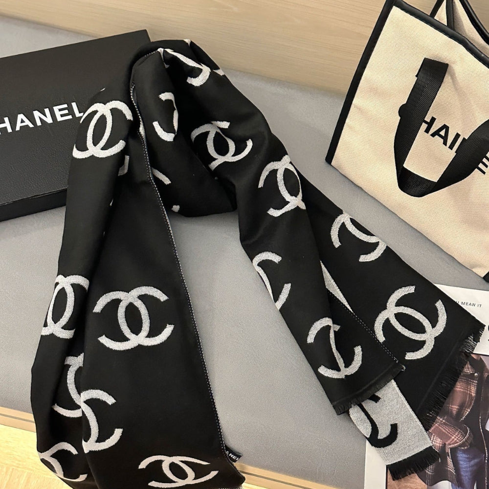 Chanel Wool Cashmere CC Scarf Black White 180Cm