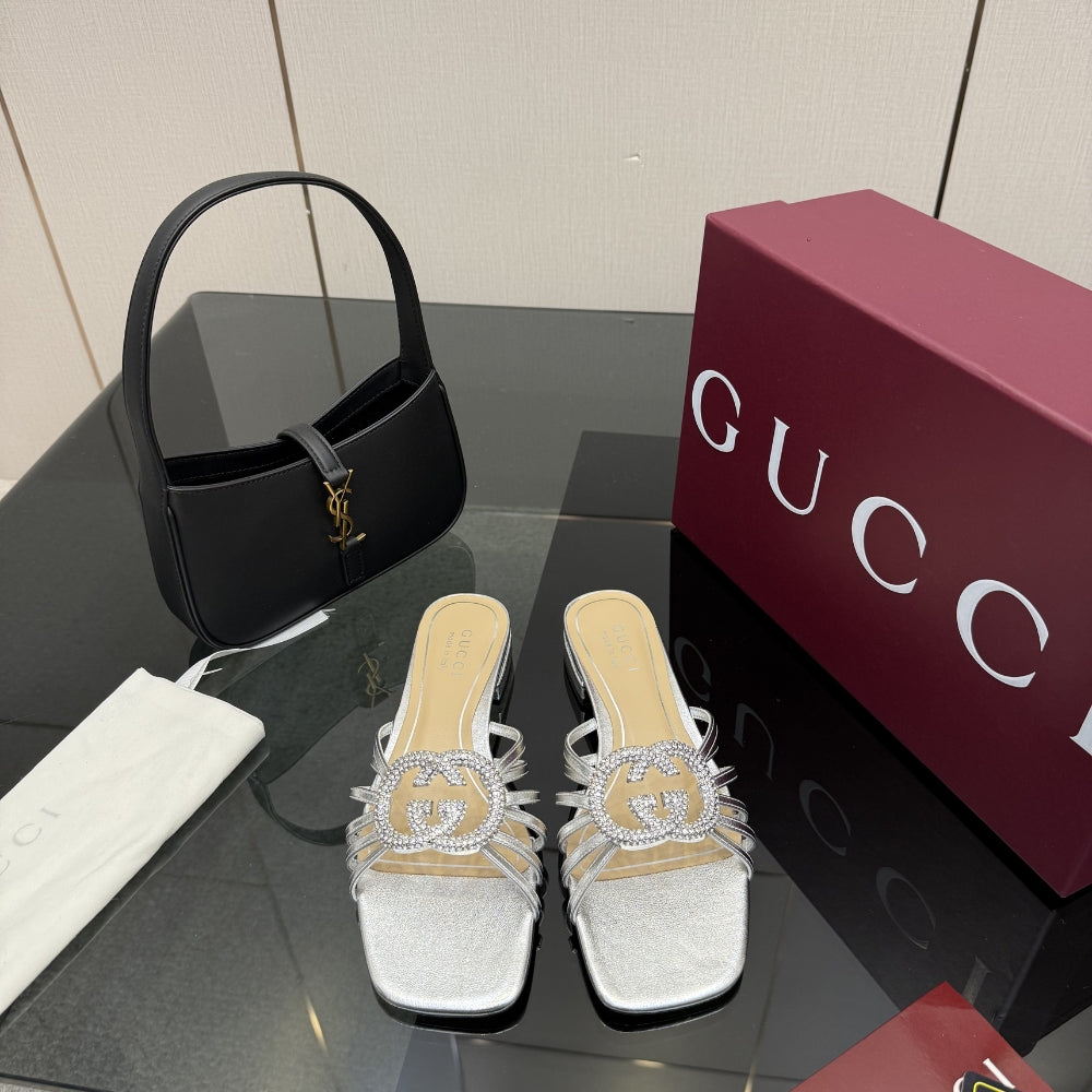 Gucci Women Slide With Crystal Interlocking G Silver