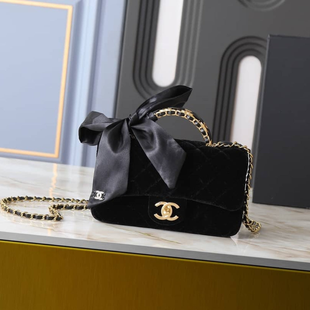 Chanel Mini Flap Bag With Top Handle Velvet Silk And Gold Tone Metal Black 20Cm As5875 B22481 94305