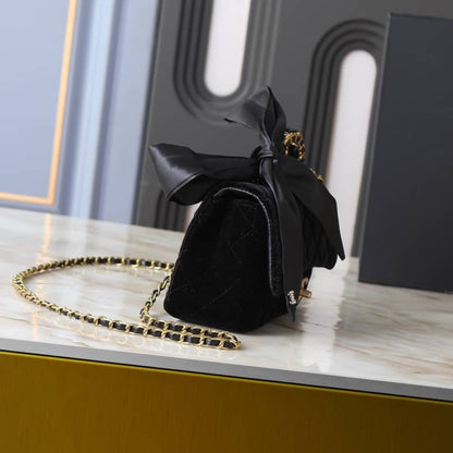 Chanel Mini Flap Bag With Top Handle Velvet Silk And Gold Tone Metal Black 20Cm As5875 B22481 94305