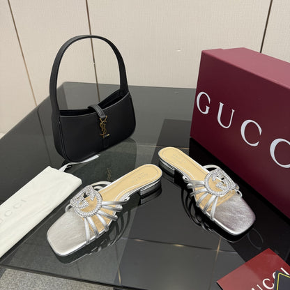Gucci Women Slide With Crystal Interlocking G Silver