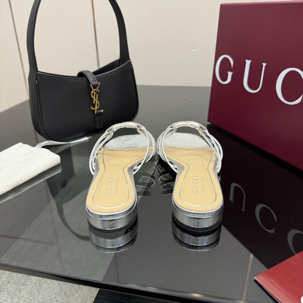 Gucci Women Slide With Crystal Interlocking G Silver