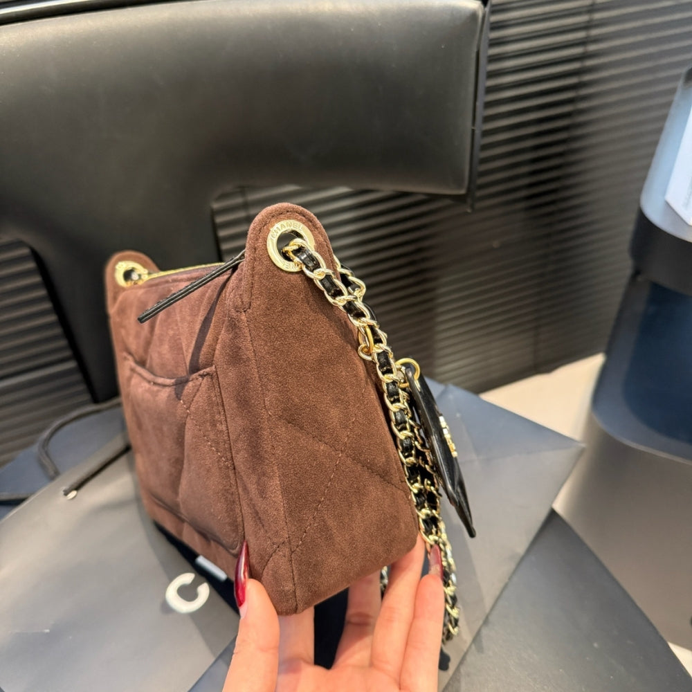 Chanel Clutch With Strap Velvet Effect Nylon Glossy Wrinkled And Gold Metallic Brown 20Cm
