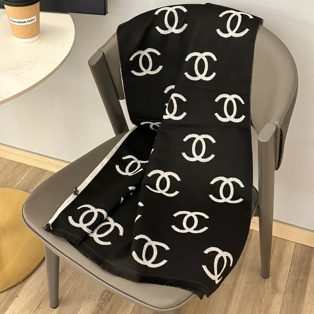 Chanel Wool Cashmere CC Scarf Black White 180Cm