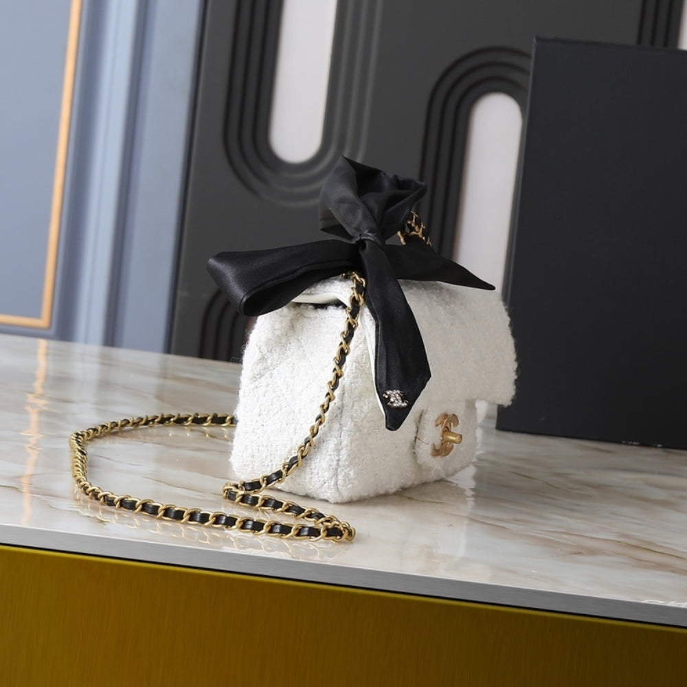 Chanel Mini Flap Bag With Top Handle Velvet Silk And Gold Tone Metal White 20Cm As5875 B22482 Mb103