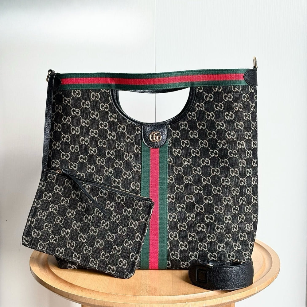 Gucci Giglio Large Tote Bag Black And White GG Denim 39Cm ‎