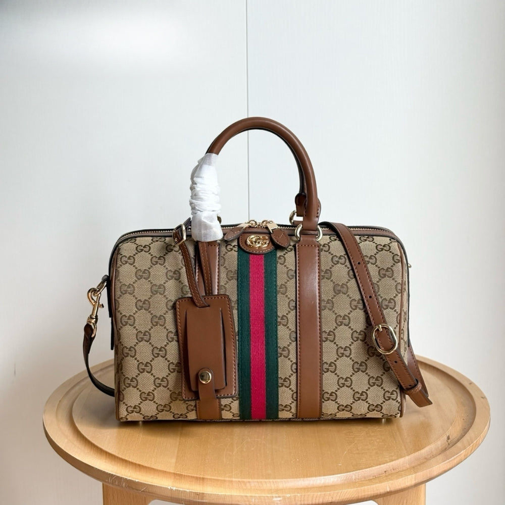 Gucci Ophidia Medium Boston Bag Beige And Brown GG Canvas 30Cm