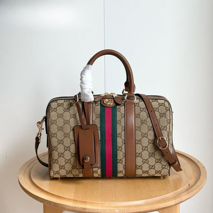 Gucci Ophidia Medium Boston Bag Beige And Brown GG Canvas 30Cm