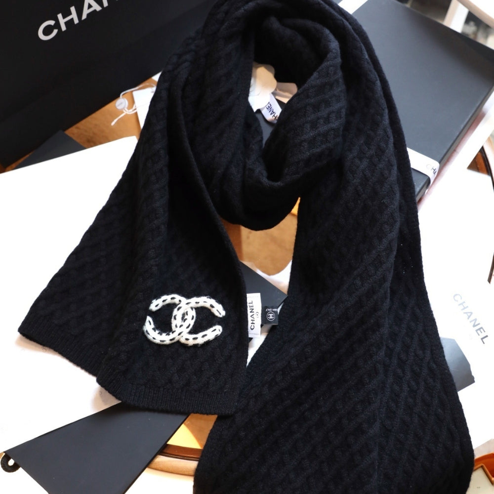 Chanel Cc Logo Patch Cashmere Scarf Black
