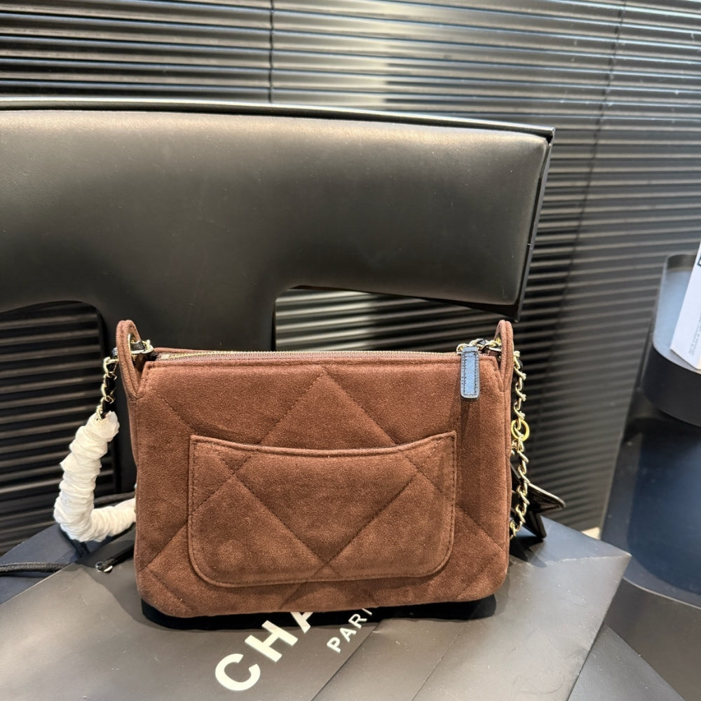 Chanel Clutch With Strap Velvet Effect Nylon Glossy Wrinkled And Gold Metallic Brown 20Cm