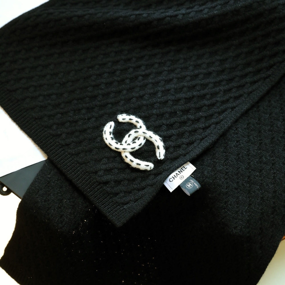 Chanel Cc Logo Patch Cashmere Scarf Black
