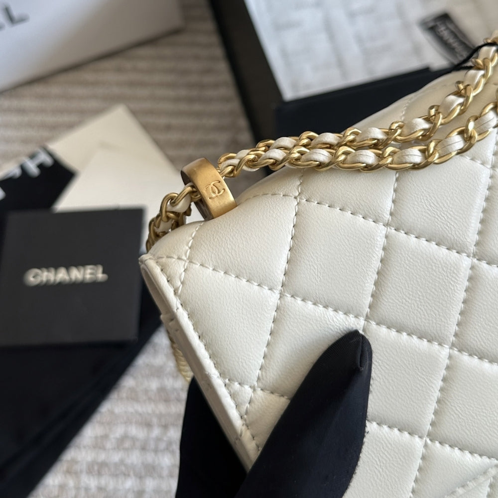 Chanel Mini Single Flap Bag Gold Hardware White 19Cm