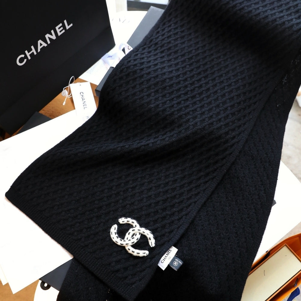 Chanel Cc Logo Patch Cashmere Scarf Black