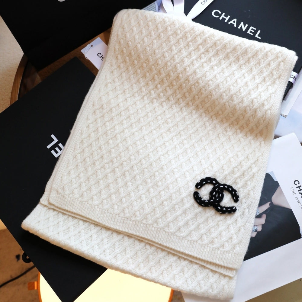 Chanel Cc Logo Patch Cashmere Scarf White