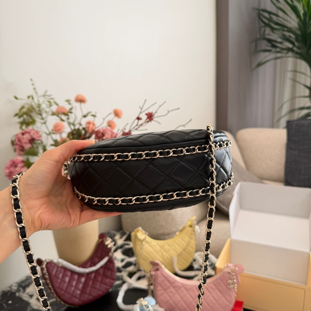 Chanel Hobo Bag Shiny Gold Metal Black 20Cm