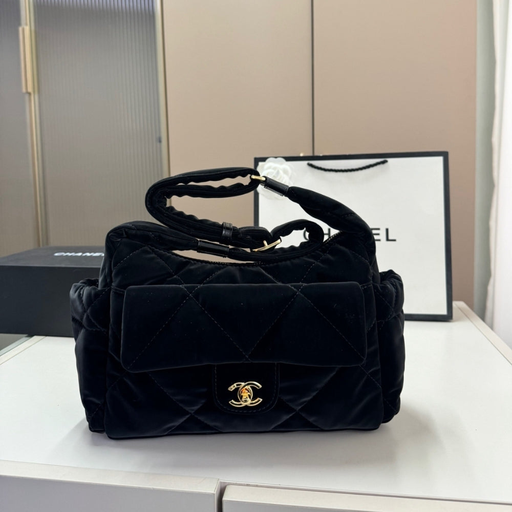 Chanel Maxi Bowling Bag Velvet Effect Nylon And Gold Tone Metal Black 27Cm