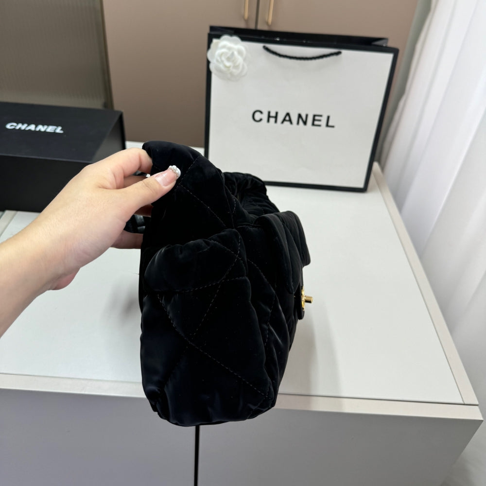 Chanel Maxi Bowling Bag Velvet Effect Nylon And Gold Tone Metal Black 27Cm