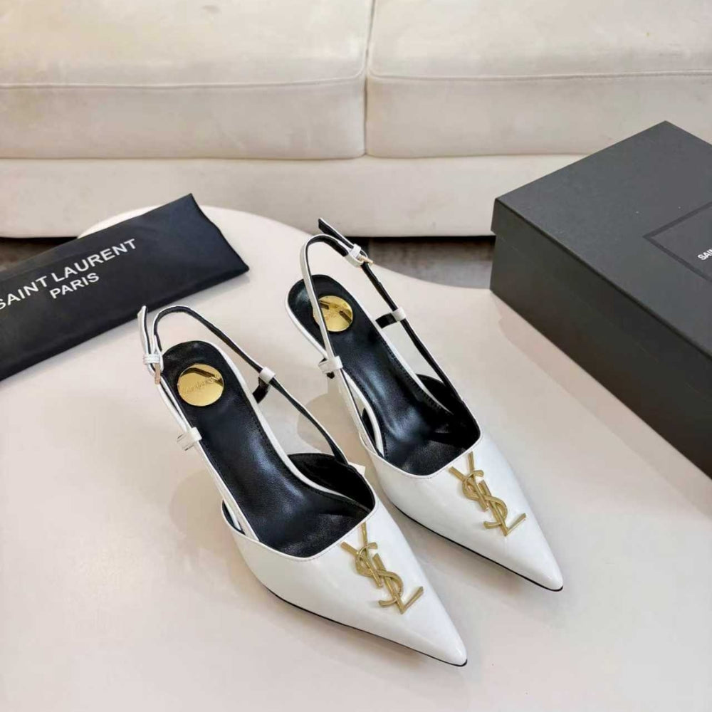 Saint Laurent Pointed Toe Slingback Pumps With Gold Tone Metal White