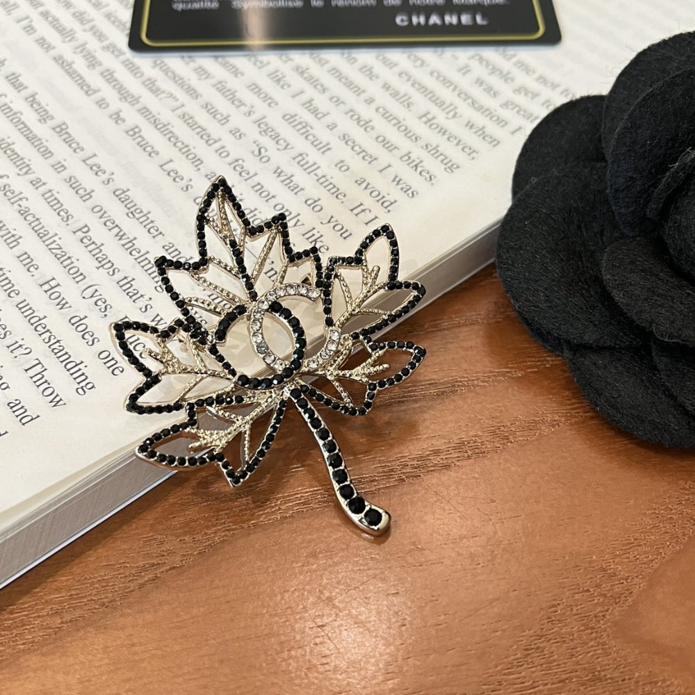 Chanel Cc Leaf Brooch Black Gold