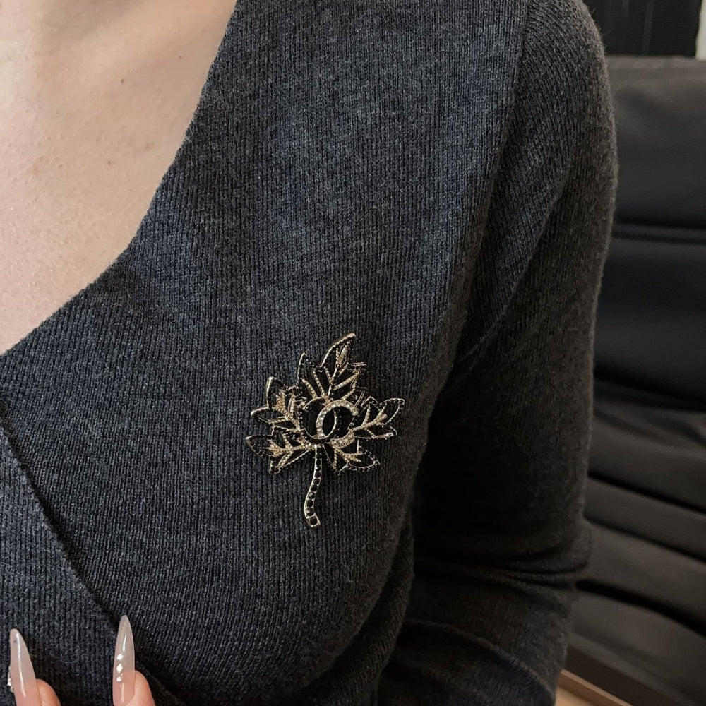 Chanel Cc Leaf Brooch Black Gold