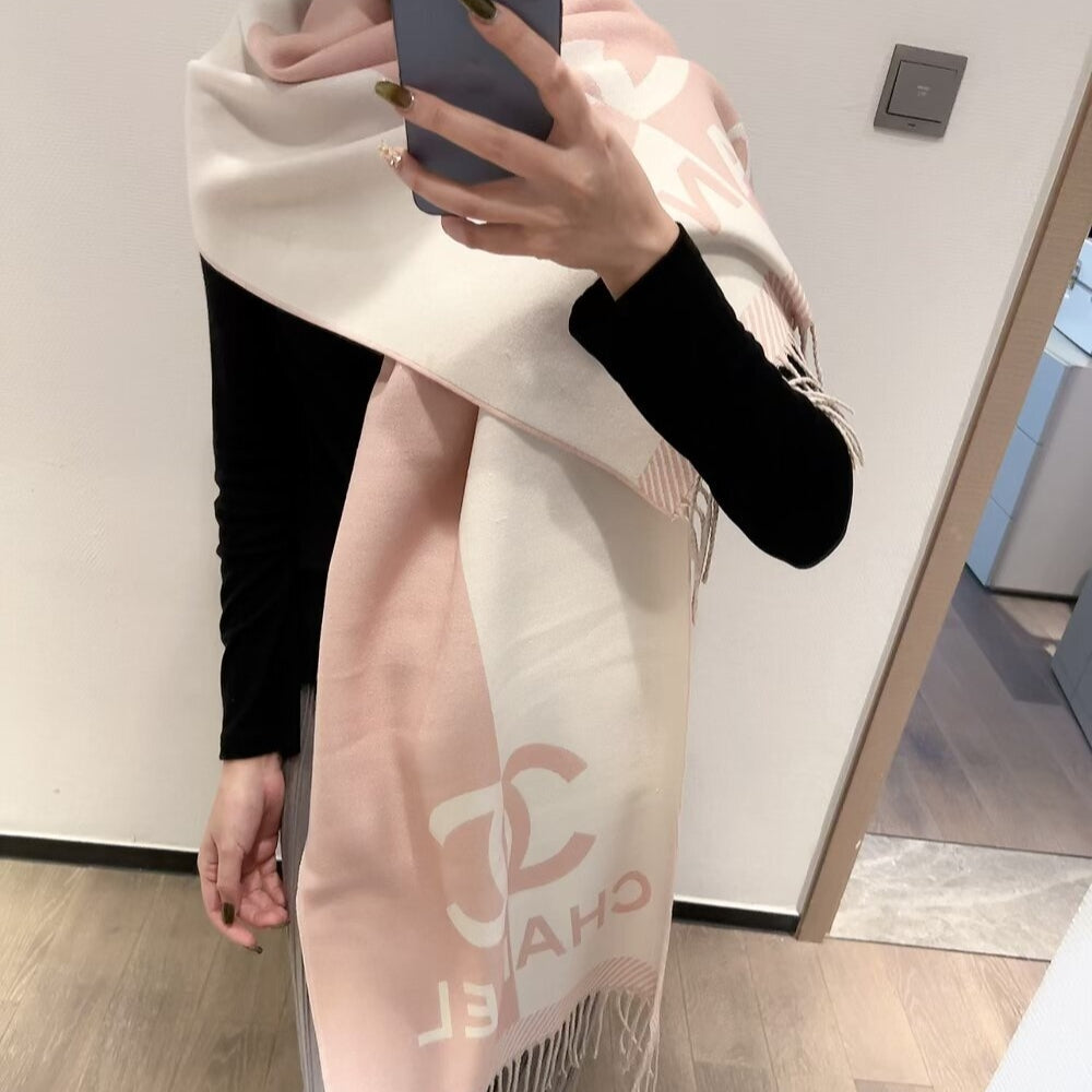 Chanel 24A Half Color Wool Scarf Pink 180Cm