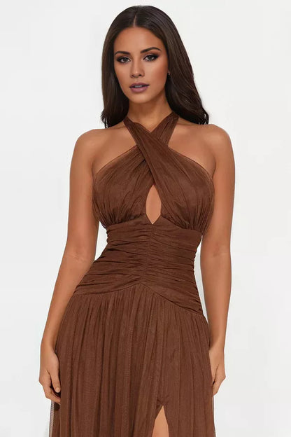 Cross neckline off shoulder sleeveless backless side slit and floor length evening dress
