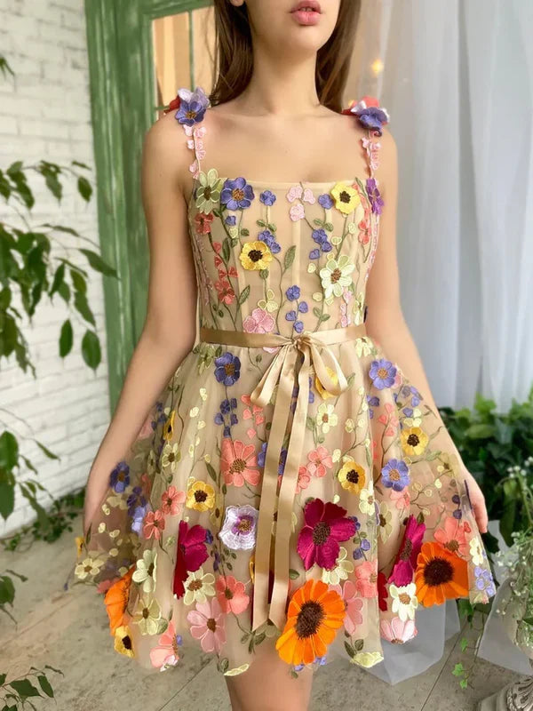 Charming 3D Floral Tulle Design A-line Short Spaghetti Strap Homecoming Dress TP3610