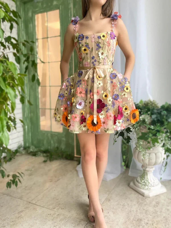 Charming 3D Floral Tulle Design A-line Short Spaghetti Strap Homecoming Dress TP3610