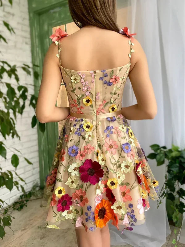 Charming 3D Floral Tulle Design A-line Short Spaghetti Strap Homecoming Dress TP3610