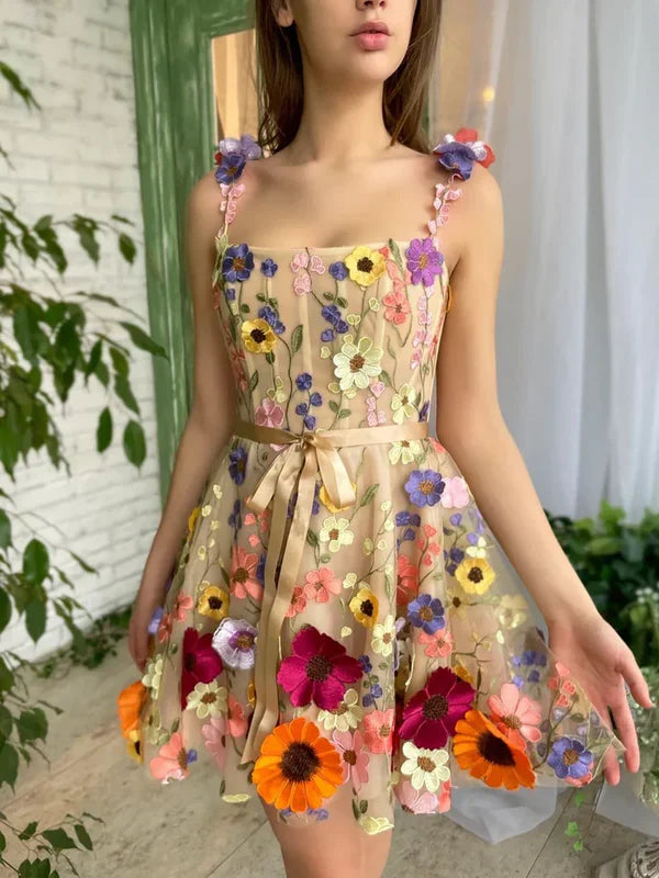 Charming 3D Floral Tulle Design A-line Short Spaghetti Strap Homecoming Dress TP3610