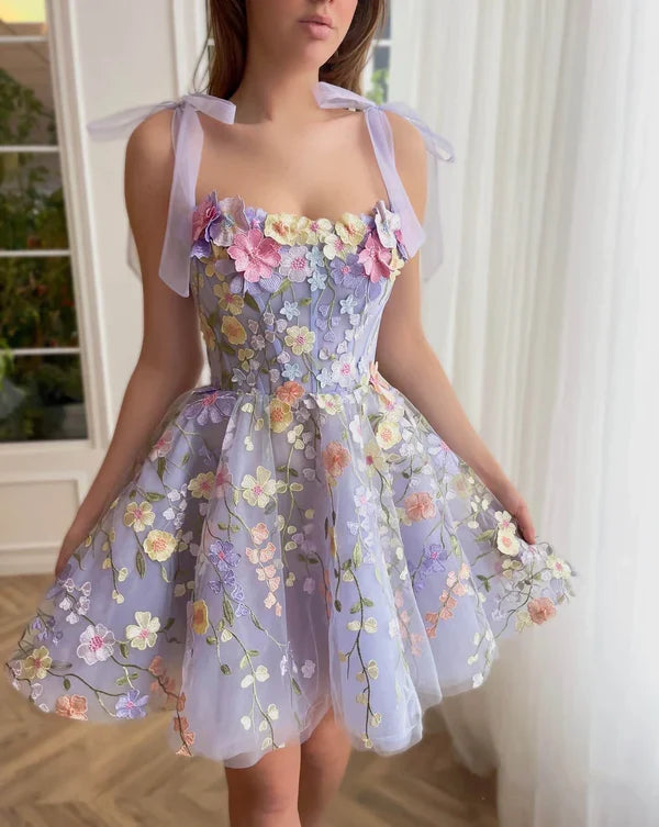 Cute Lavender 3D Floral Design Tulle A-line Mini Strapless Homecoming Dress TP3609