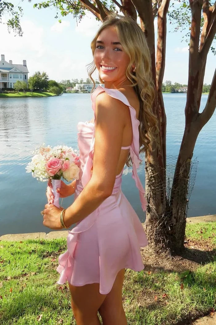 Vintage Pink Chiffon Ruffled Backless Homecoming Dress Party Dress Cocktail Dress TP4703