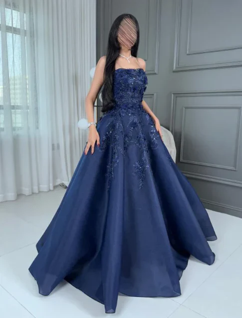 Navy Blue Strapless Ball Gown with 3D Floral Appliques & Beading, Floor-Length Prom Dress for Formal Wedding & Evening Events gh7098