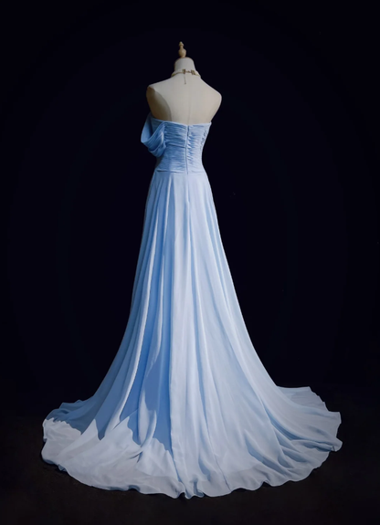 Classy Sky Blue One Shoulder Chiffon Pleated Mermaid Party Dress Long Wedding Guest Dress Evening Gown