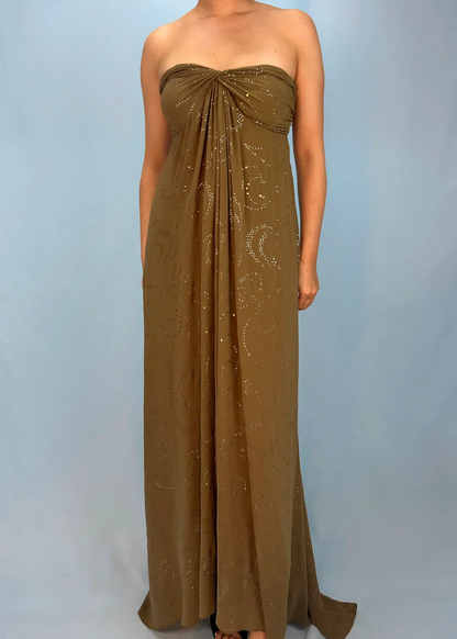 Vintage Matcha Green Strapless Satin Sequin Mermaid Evening Dress Long Birthday Party Gown