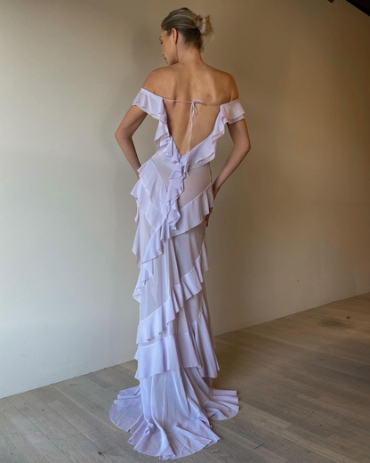 Sexy Off The Shoulder Pink Chiffon Ruffle Slit Long Party Dress Evening Gown Add Lining