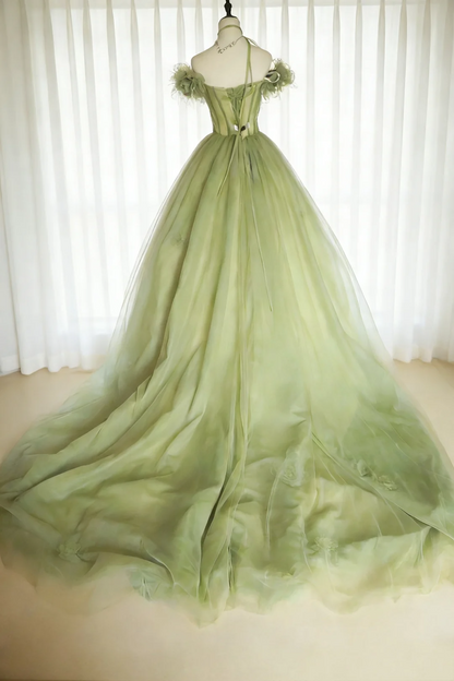 Pretty Quinceanera Dress Off The Shoulder Green Tulle 3D Flowers Ball Gown Sweet 16 Dress SP2031