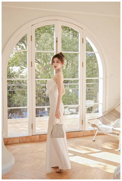 Classy White Strapless Bow Satin Mermaid Long Wedding Guest Dress Formal Evening Dress Prom Gown