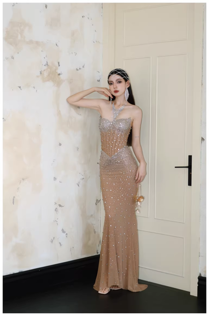 Sexy Strapless Chiffon Beaded Mermaid Long Evening Dress Party Gown