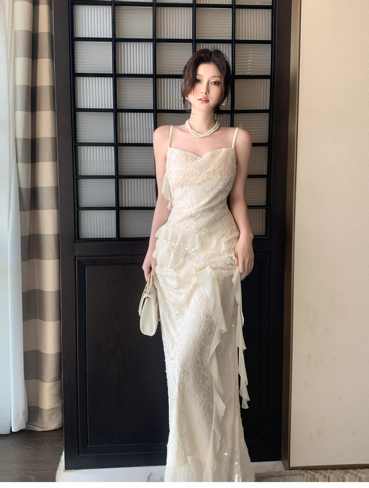 Shiny Spaghetti Straps Light Apricot Sequin Ruffles Mermaid Long Wedding Guest Dress Formal Birthday Prom Dress Party Gown SP1496
