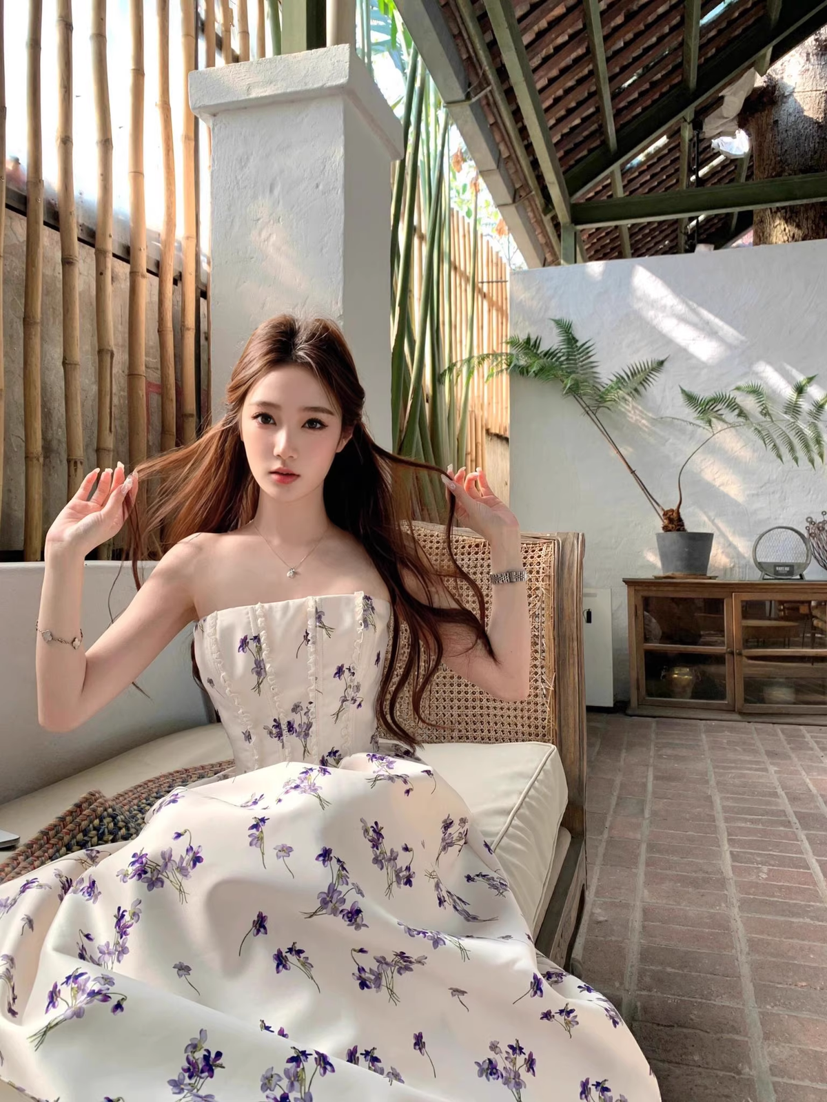 Sweet Strapless Off White Satin Print Floral A Line Long Evening Dress Birthday Dress SP2029