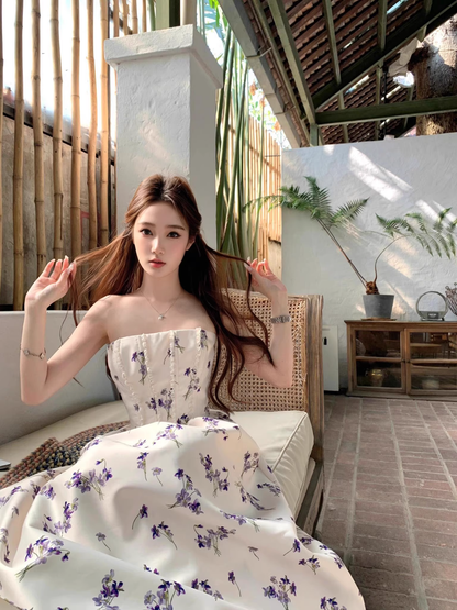 Sweet Strapless Off White Satin Print Floral A Line Long Evening Dress Birthday Dress SP2029