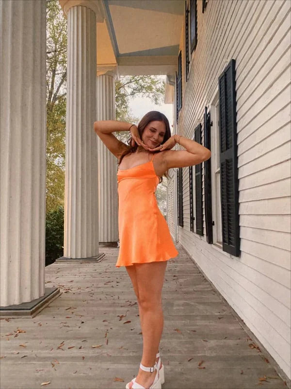 Cute Orange Satin Spaghetti Strap Sheath Short Party Dress Cocktail Dress Homecoming Dress TP4457