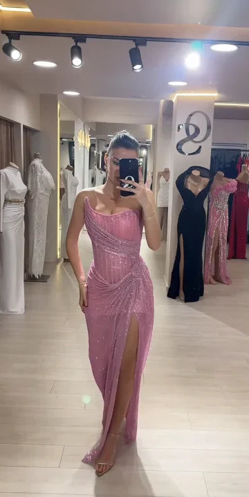 Vintage Pink Glittering Tulle Strapless Evening Gown Sheath Party Dress Long Formal Dress TP4973