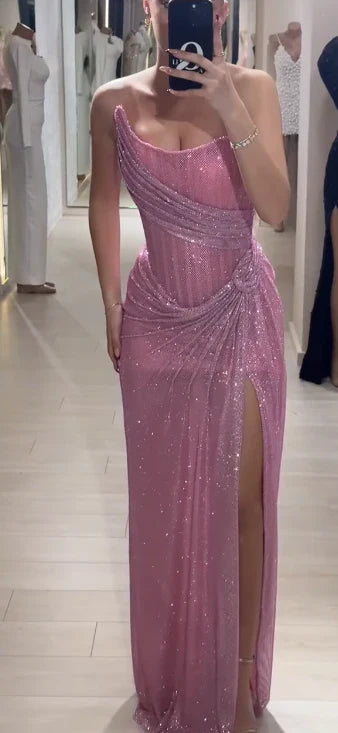 Vintage Pink Glittering Tulle Strapless Evening Gown Sheath Party Dress Long Formal Dress TP4973