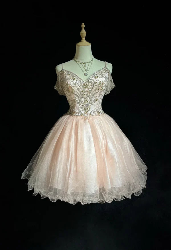 Vintage Pink Beaded Embroidery A-Line Homecoming Dress Spaghetti Strap Party Dress Short Chiffon Cocktail Dress TP4608