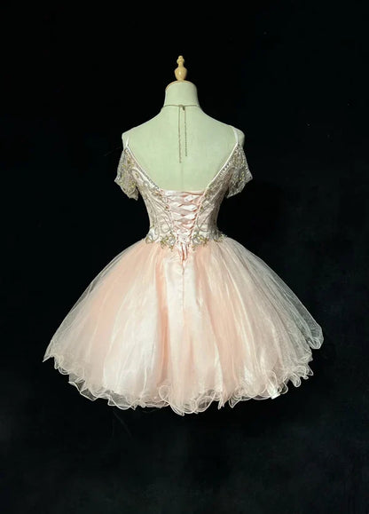 Vintage Pink Beaded Embroidery A-Line Homecoming Dress Spaghetti Strap Party Dress Short Chiffon Cocktail Dress TP4608