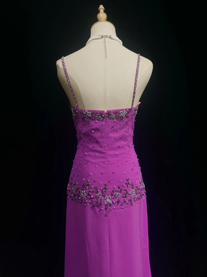 Classy Spaghetti Straps Purple Chiffon Beaded Long Wedding Guest Dress Formal Birthday Prom Dress Party Gown