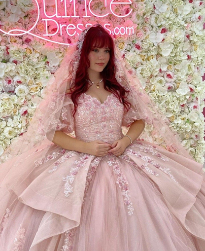 Charming Pink V Neck Tulle Sequin Lace Applique Ball Gown Quinceanera Dress
